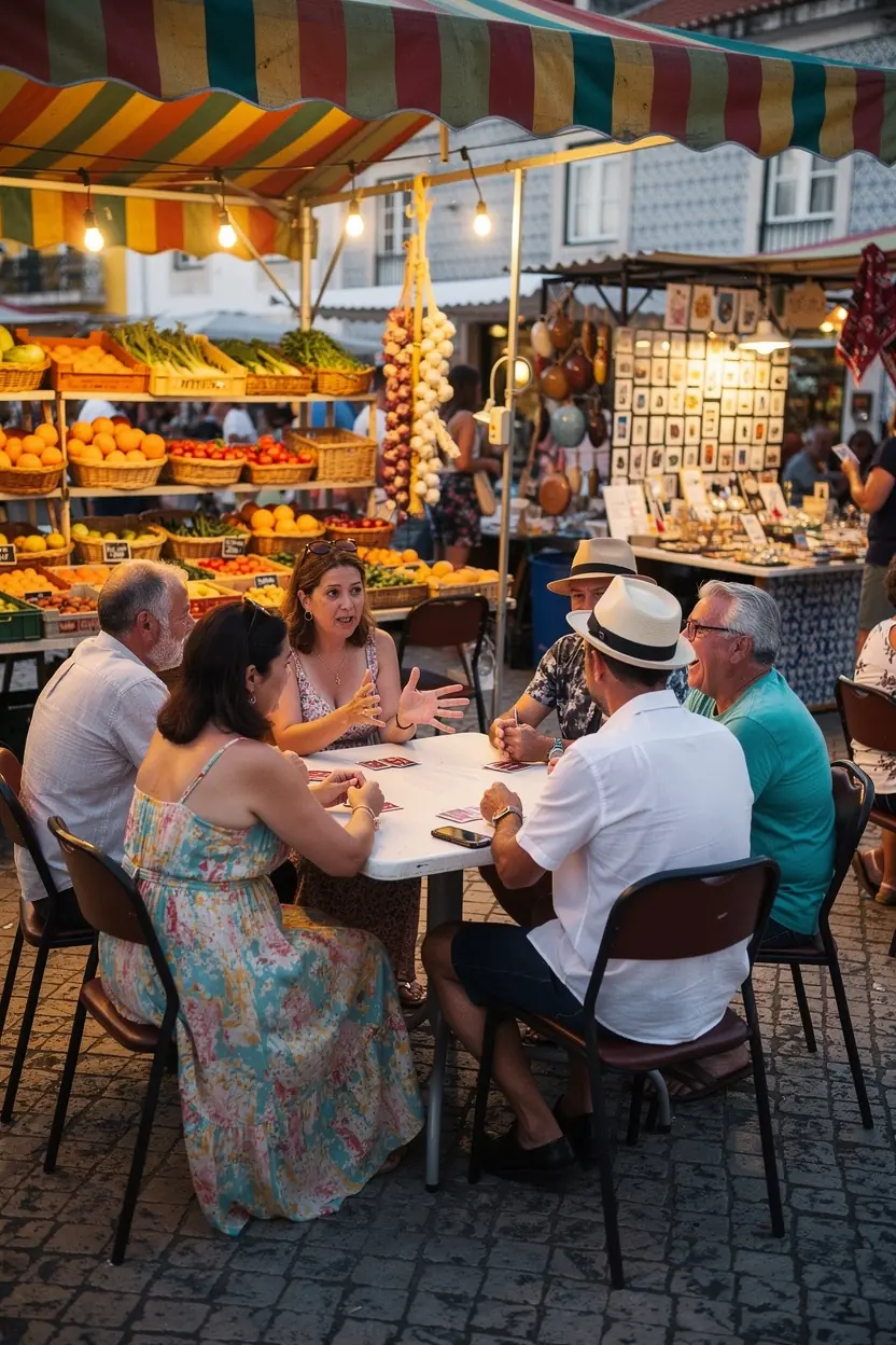 Participants enjoying Mafia game evening in Portugal.